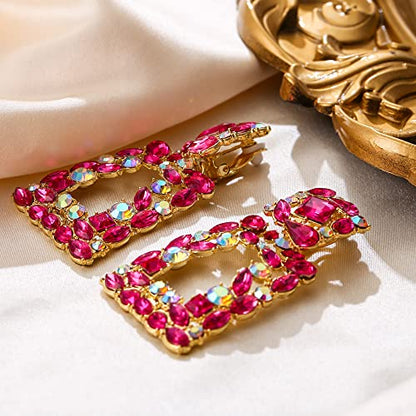 Flyonce Rectangle Clip-on Drop Earrings for Women, Sparkly Rhinestone Crystal Geometric Statement Non Pierced Earring Wedding Prom Party Jewelry for Brides Bridesmaid - color: Hot Pink