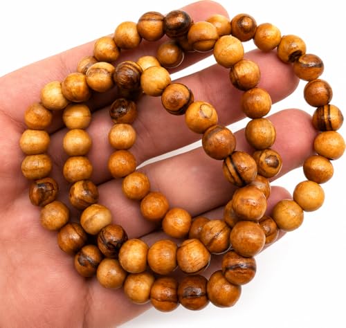 Olive Wood Bracelet Set of 3 from Bethlehem - Handmade 8mm Round Wood Bead Stretch Bracelets, Wooden Jewelry Gift Pack, Boho Beaded Bracelet Trio, Natural Wood Mala Bracelet Set