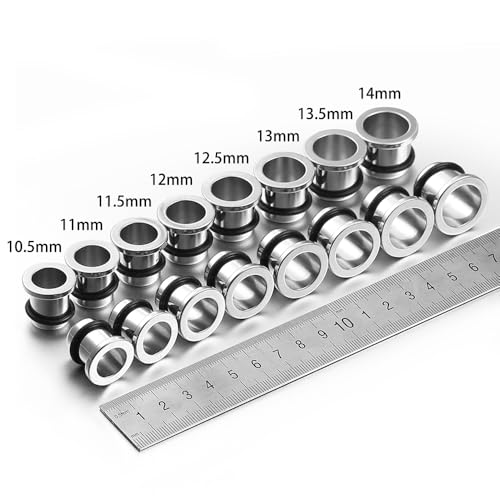 Casvort 22 PCS/16 PCS Hypoallergenic 18G-1'' Comfy Dead Stretching Plugs in 0.5mm Increments Saddle Plugs with Rubber Rings 316 Surgical Stainless Steel Crazy Ear Gauges Body Piercing Jewelry - color: Silver Tunnel 10.5-14mm 16PCS