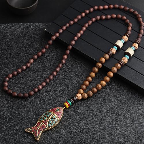 Wood Bead Necklace Africa Wooden Chain Statement Unisex Chunky Necklaces - color: Fish