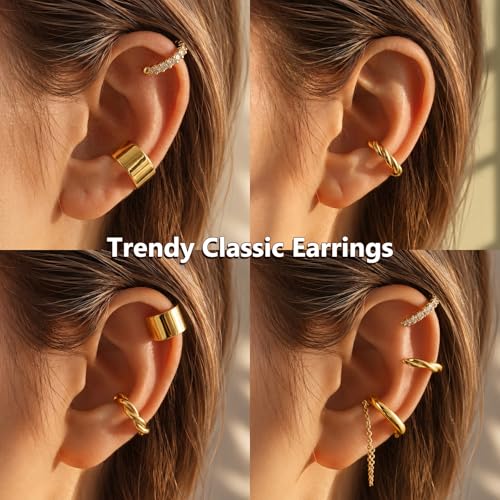 JFORYOU Stainless Steel Ear Cuff Fake Helix Cartilage Clip On Wrap Earrings Fake Lip Ring Non-Piercing Adjustable Men Women - color: Style G-Gold