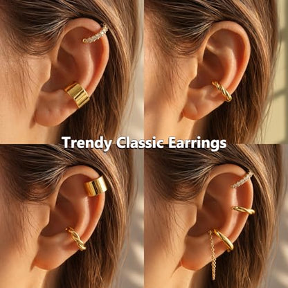 JFORYOU Stainless Steel Ear Cuff Fake Helix Cartilage Clip On Wrap Earrings Fake Lip Ring Non-Piercing Adjustable Men Women - color: Style G-Gold