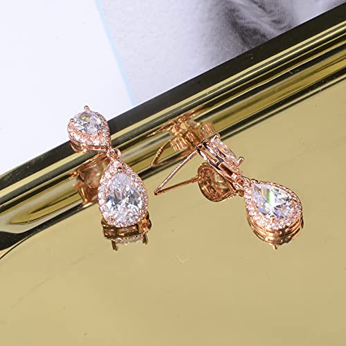 Pave Teardrop Earrings for Wedding Sterling Silver Double Pear Shaped CZ Cubic Zirconia Crystal Rhinestone Birthstone Dangle Earrings Bridal Jewelry for Bride Bridesmaids - color: Rose Gold