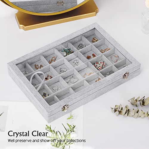 Emibele Velvet Jewelry Organizer Box, 24 Grids with Clear Lid Rings Earrings Bracelets Necklace Organizer Tray Showcase Display Jewelry Storage Case, Grey - style: K2- 24 Grids with Lid