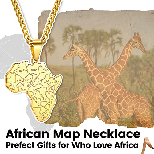 GOLDCHIC JEWELRY Africa Map Necklace for Men, Stainless Steel African Tribal/Egyptian Eye of Horus/I LOVE AFRICA/Elephant Map Hiphop Jewelry Unisex with 22'+2'Adjustable Chain - color: Africa Map - Gold, style: No Customization