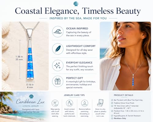 Blue Fire Opal Necklace for Women – Silver Bar Pendant Necklace, Ocean Inspired Coastal Jewelry, Adjustable 18-20 Inch Chain