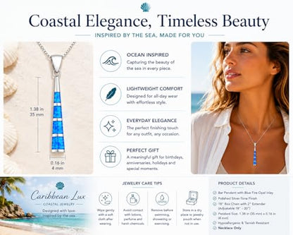 Blue Fire Opal Necklace for Women – Silver Bar Pendant Necklace, Ocean Inspired Coastal Jewelry, Adjustable 18-20 Inch Chain