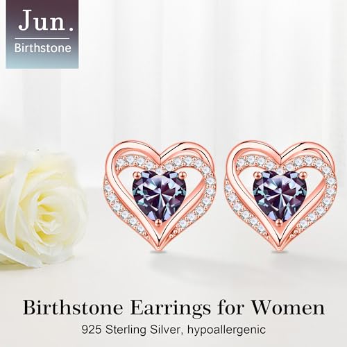Iefil Birthstone Earrings for Women - 925 Sterling Silver Heart Stud Earrings Birthday Gifts for Women - color: Rose-Gold-Plated-06-Jun-Created Alexandrite