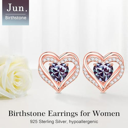 Iefil Birthstone Earrings for Women - 925 Sterling Silver Heart Stud Earrings Birthday Gifts for Women - color: Rose-Gold-Plated-06-Jun-Created Alexandrite