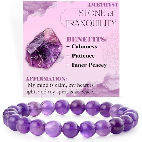 Bivei 8mm Beaded Bracelets for Women Handmade Semi Precious Natural Stone Stretch Elastic Jewelry Yoga Protection Gifts - color: Amethyst - Tranquility, size: Medium 6.8-7.3 inch