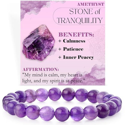 Bivei 8mm Beaded Bracelets for Women Handmade Semi Precious Natural Stone Stretch Elastic Jewelry Yoga Protection Gifts - color: Amethyst - Tranquility, size: Medium 6.8-7.3 inch