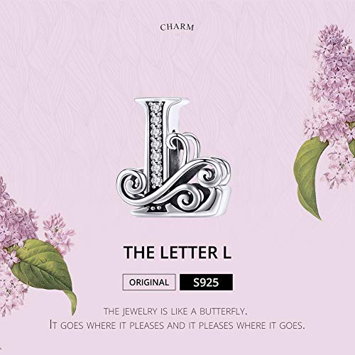 BISAER 925 Sterling Silver Initial Letter A-Z Charms for Bracelets Alphabet Beads Charm Jewelry Gifts - color: Letter L