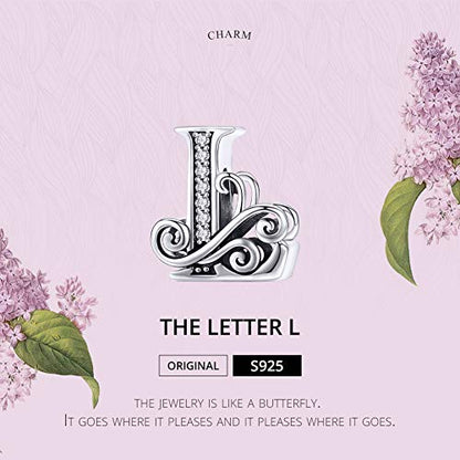 BISAER 925 Sterling Silver Initial Letter A-Z Charms for Bracelets Alphabet Beads Charm Jewelry Gifts - color: Letter L