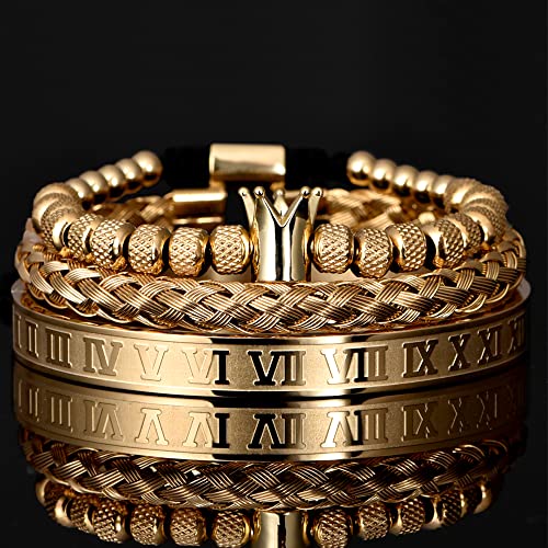 3pcs/set Classical Handmade Braiding Bracelet Hip Hop Men Pave CZ Leopard Head Roman Numeral Bracelet Stainless Steel Jewelry - color: 3pcs C Crwon Gold