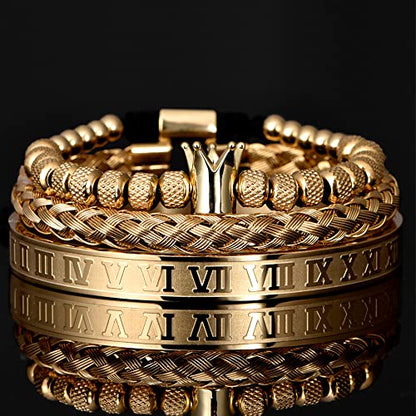 3pcs/set Classical Handmade Braiding Bracelet Hip Hop Men Pave CZ Leopard Head Roman Numeral Bracelet Stainless Steel Jewelry - color: 3pcs C Crwon Gold