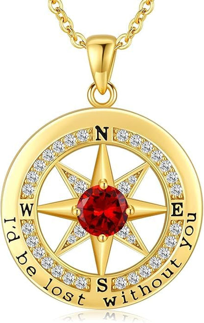 Compass Necklace for Women Wife Girlfriend Mom Daughter Gifts | S925 Silver Jewelry For Anniversary 18K Rose Gold Gifts For Birthday Christmas Mothers Valentines Day 12 Birthstones - style: 01-January-Gold