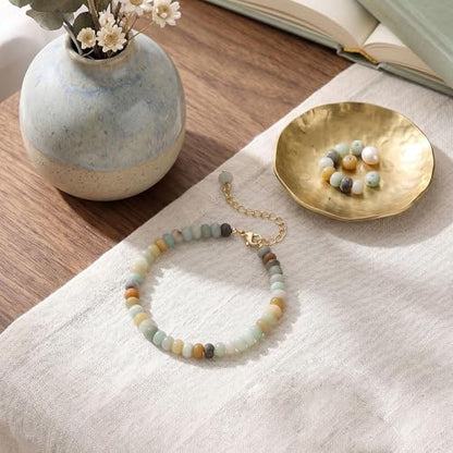 colorful Natural Stone Beaded Bracelets for Women, Boho Handmade Gemstone Bracelet, Stackable Summer Beach Jewelry - color: Colorful Amazonite Bead