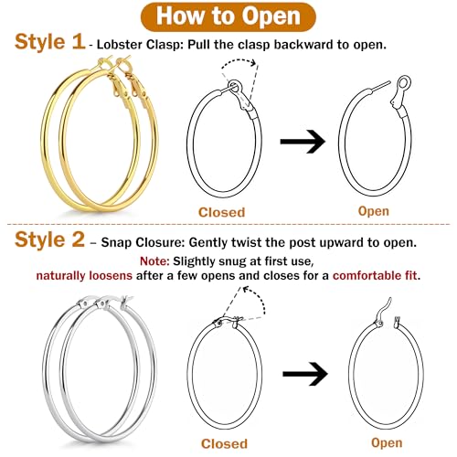 8 Pairs Gold Hoop Earrings for Women, 14K Gold Plated and Silver Hoops, Hypoallergenic Stainless Steel Classic Thin Large Set 30/40/50/60mm (1.18–2.36in) - color: 8 Pairs Gold/Silver-30/40/50/60mm