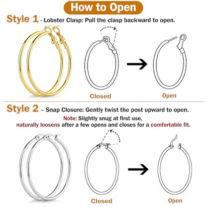 8 Pairs Gold Hoop Earrings for Women, 14K Gold Plated and Silver Hoops, Hypoallergenic Stainless Steel Classic Thin Large Set 30/40/50/60mm (1.18–2.36in) - color: 8 Pairs Gold/Silver-30/40/50/60mm