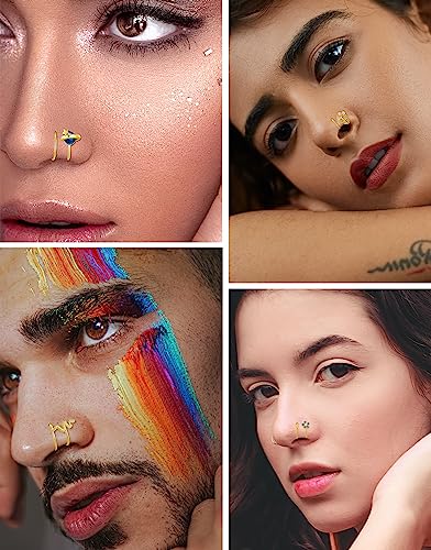 Akeoqi 16PCS Double Nose Ring Hoop For Single Piercing Stainless Steel Dangle Spiral Nose Rings Snake Flower Butterfly Planet Angel Wings Heart Ball Twist Earring Hoops Body Piercing Jewelry For Women - color: B: Gold