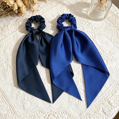 4 Pcs Blue Bow Hair Ties Set, Ribbon Scrunchies Hair Scarf for Women Girls, Cute Bow Scrunchies Hair Accessories, No Damage Hair Ties for Thick/Thin Hair - color: Blue&White Set