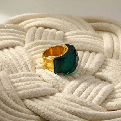 Crystal Glass Stainless Steel Band Ring Gold-Tone Plated Fashion Exaggerated Cubic Zirconia Rings Women's Stunning Large Statement Rhinestone Bands Cocktail Party Ring for Ladies Birthday - color: Blackish Green, size: 10