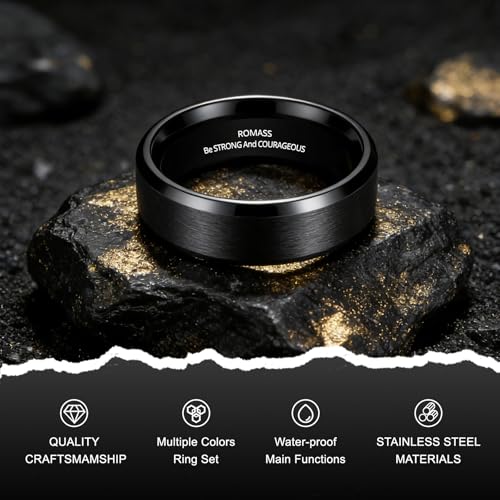 Romass 4Pcs Stainless Steel Rings for Men Women,Wedding Band Rings Bible Verse Silver/Black/Gold/Rose Gold 8MM Matte Surface,Beveled Polished Edge Mens Ring Gifts Jewelry Box 7-14 Inches