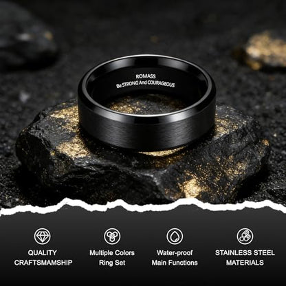Romass 4Pcs Stainless Steel Rings for Men Women,Wedding Band Rings Bible Verse Silver/Black/Gold/Rose Gold 8MM Matte Surface,Beveled Polished Edge Mens Ring Gifts Jewelry Box 7-14 Inches