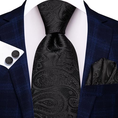 Hi-Tie Men 63inches Tie Set Extra Long Necktie Paisley Tie Pocket Suqare Cufflinks Big and Tall Men Tie - color: Black Dark