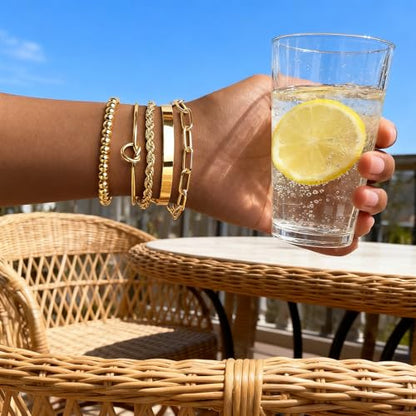 Gold Bracelets for Women, 5 Pcs Non-Tarnish Gold Plated Stackable Bangles with Beaded, Knot, Twisted, Cuff & Chain Designs, Everyday Jewelry Gifts - color: Gold-5pcs