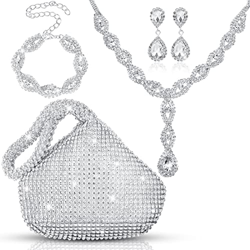 4 Pcs Silver Clutch Purse Jewelry Set for Women Rave Accessories Evening Rhinestone Purse Silver for Bride Wedding - style: Vivid Style