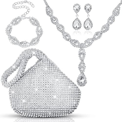 4 Pcs Silver Clutch Purse Jewelry Set for Women Rave Accessories Evening Rhinestone Purse Silver for Bride Wedding - style: Vivid Style