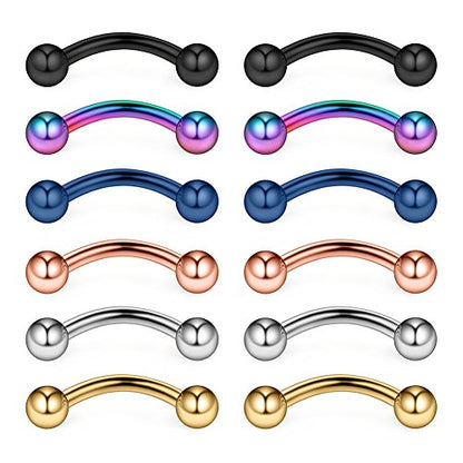 12PCS 12G Surgical Steel PA Eyebrow Ear Navel Belly Lip Ring Body Piercing Jewelry - style: 12mm w Balls