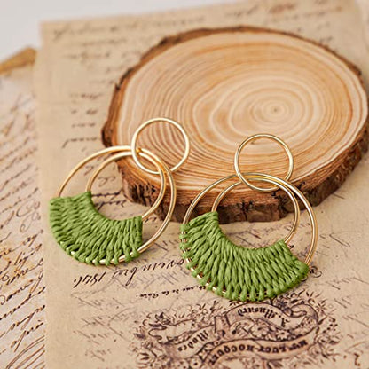 Raffia Hoop Earrings for Women Fun Boho Summer Beach Earrings Lightweight Handmade Straw Wicker Rattan Dangle Earrings Statement Geometric Round Drop Earrings - color: Green - Round