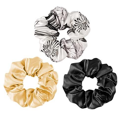 OLESILK 100% Mulberry Silk-Scrunchies for Hair Sleep, Women Grils Silk Hair Ties for Frizz & Breakage Curly Hair, No Damage, Elastics Ponytail Holder, 3 Pack - color: 3pcs, Black-Gold-Black and White Floral