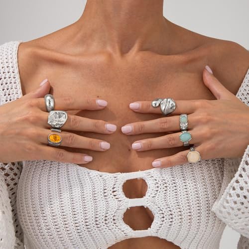Chunky Rings for Women Stackable Vintage Adjustable Rings for Women Gold Statement Stone Ring Set Non Tarnish Vintage Jewelry - style: Silver