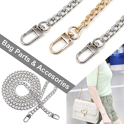 CooBigo 47" Purse Chain Strap Metal Shoulder Crossbody Bag Chain with Metal Buckles, Flat Chain Strap for Purse Handbag - color: Silver