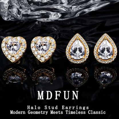 MDFUN Halo Stud Earrings 18K Gold Plated Round/Square/Heart/Teardrop Cubic Zirconia Earrings Set for Women - color: B-Heart/Teardrop