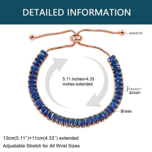 Uloveido Classic Emerald Cut Rectangular Cubic Zirconia Eternity Tennis Bracelet Adjustable for Women Y1788 - color: Rose Gold-Dark Blue