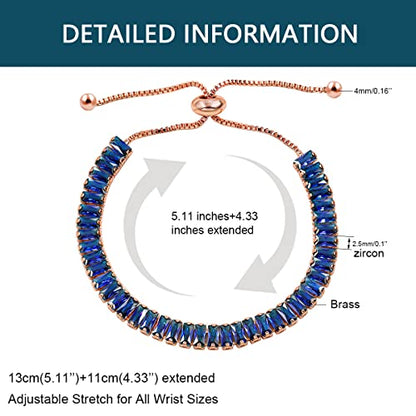 Uloveido Classic Emerald Cut Rectangular Cubic Zirconia Eternity Tennis Bracelet Adjustable for Women Y1788 - color: Rose Gold-Dark Blue
