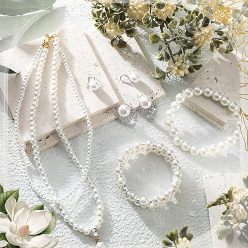 Glenmal Pearl Rhinestone Jewelry Set for Women Pearl Necklace Bracelet Earrings for Wedding Halloween Bridal Shower Tea Party - style: Gorgeous Style
