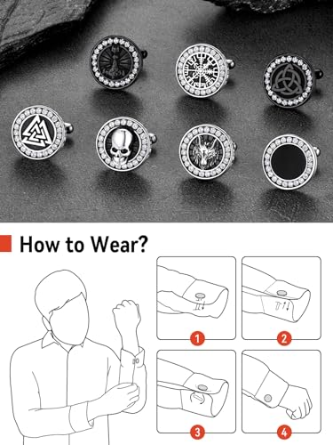 FaithHeart Mens Cufflinks, Norse Viking Tuxedo Shirt Cuff Links, Stainless Steel Cuff Links and Shirt Studs, Gift Box - style: 05. Skull CZ-Silver