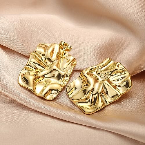 Geometric Rectangle Gold Plated Stud Earrings Irregular Hammered Chunky Statement Square Earrings for Women Trendy - color: Gold Rectangle