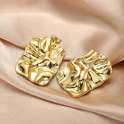 Geometric Rectangle Gold Plated Stud Earrings Irregular Hammered Chunky Statement Square Earrings for Women Trendy - color: Gold Rectangle