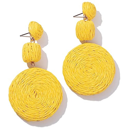 Statement Raffia Boho Round Dangle Ball Earrings - Cute Handmade Summer Bohemian Dangling Jewelry for Women - color: Yellow