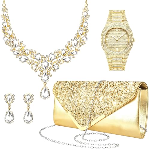 NEWITIN 5 Pieces Purse Rhinestone Jewelry Set for Women Prom Jewels Crystal Clutch Purse Watch Necklace Earrings Silver Jewelry Set for Women Bride - color: Gold