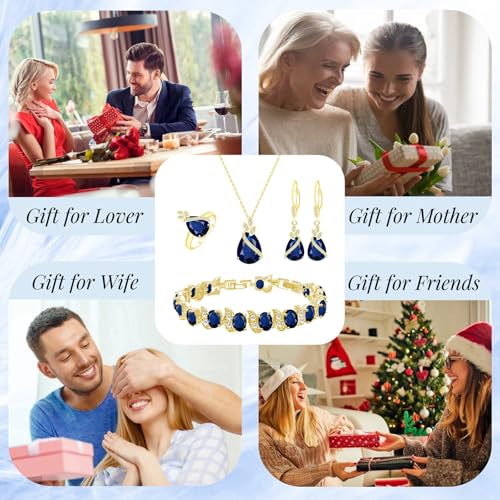 GZWHD Jewelry Set for Women CZ Earrings Necklace Ring Bracelet Set Prom Party Wedding Jewelry Gift for Mother Friend Wife - color: A-Gold-Blue