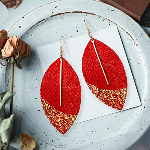 Bohemian Handmade Lightweight Color Large Genuine Soft Leather Fringe Feather Leaf Tear Dangle Drop Earrings for Women Statement - color: 2-Light red