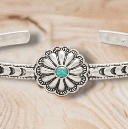 Isac Silver-Tone Concho Cuff Bracelet with Turquoise Stone, Floral Engraved, Western Boho Style