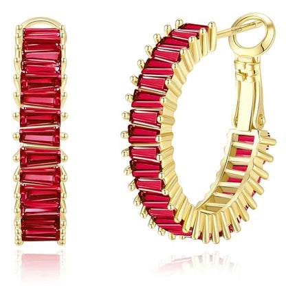 Trendy 14K Gold Plated Hoop Earrings for Women, Chunky Gold/Silver Earrings for Women Cubic Zirconia Baguette Hoop Earrings Heart Hoops Lightweight Hypoallergenic Jewelry,25mm/35mm/40mm/50mm - color: 01 Gold Garnet Hoops 25mm